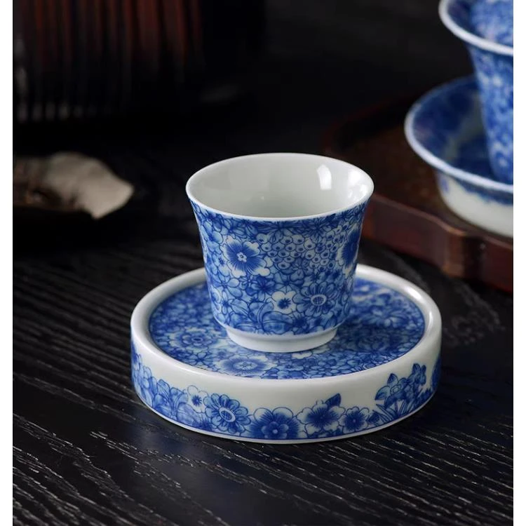 景德镇手工手作釉下青花瓷繁花似锦高端茶具陶瓷马蹄杯客杯主人杯