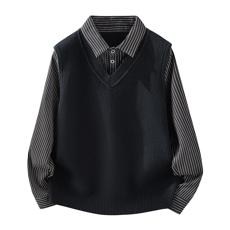 春秋季新款假两件毛衣男士羊毛衫商务高端针织衫轻奢衬衫领线衣潮