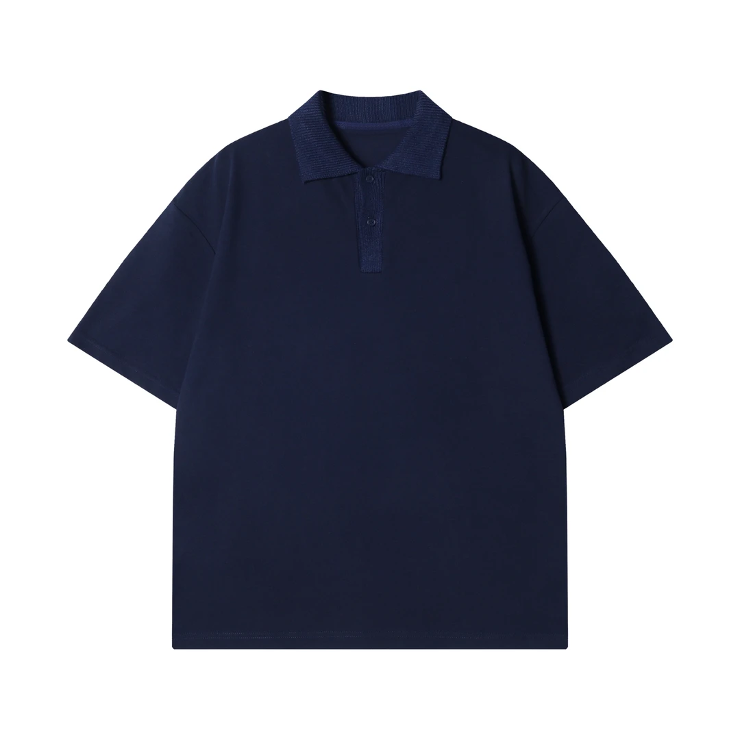 夏季新款时尚个性针织拼接半纽扣翻领套头短袖T恤百搭商务上衣