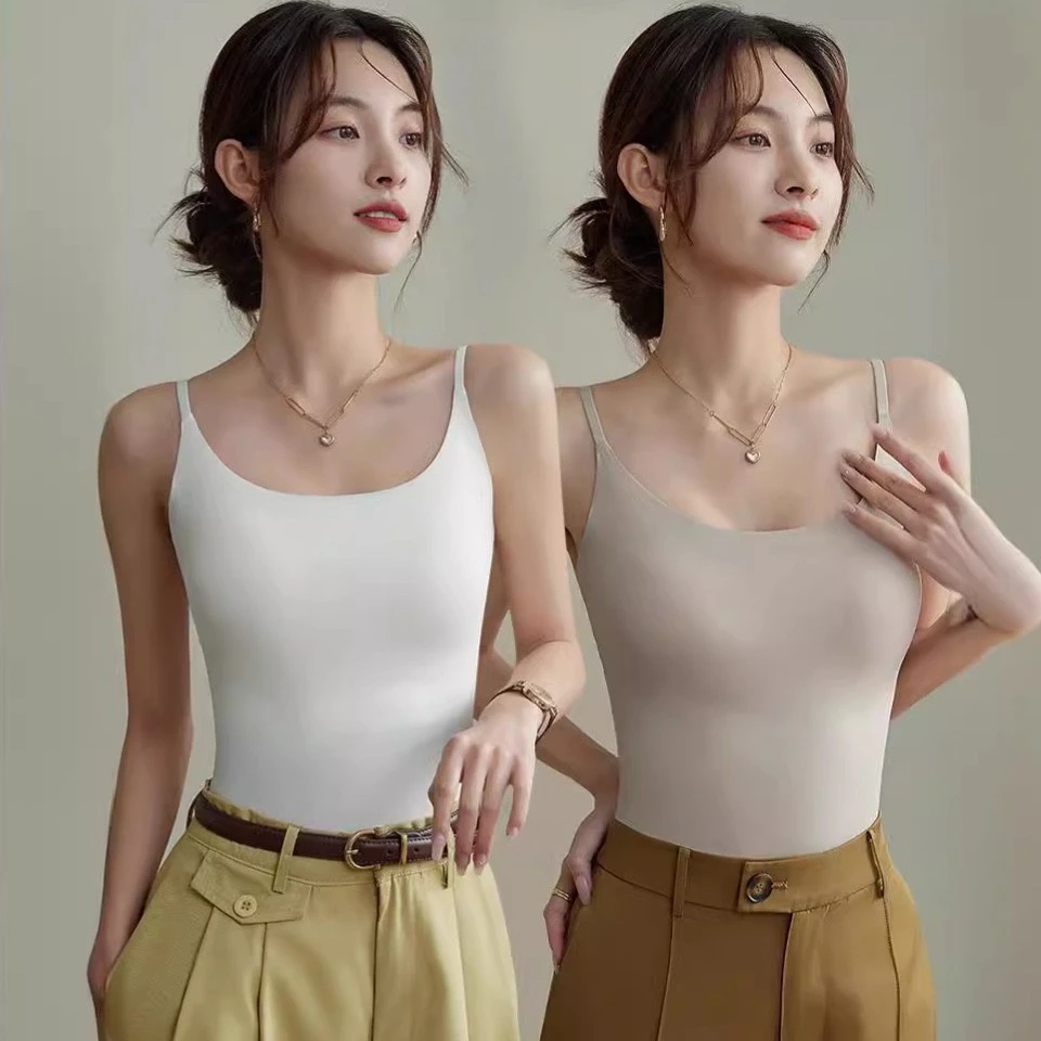 无痕冰丝吊带背心女带胸垫内搭美背显瘦打底外穿长款上衣薄款