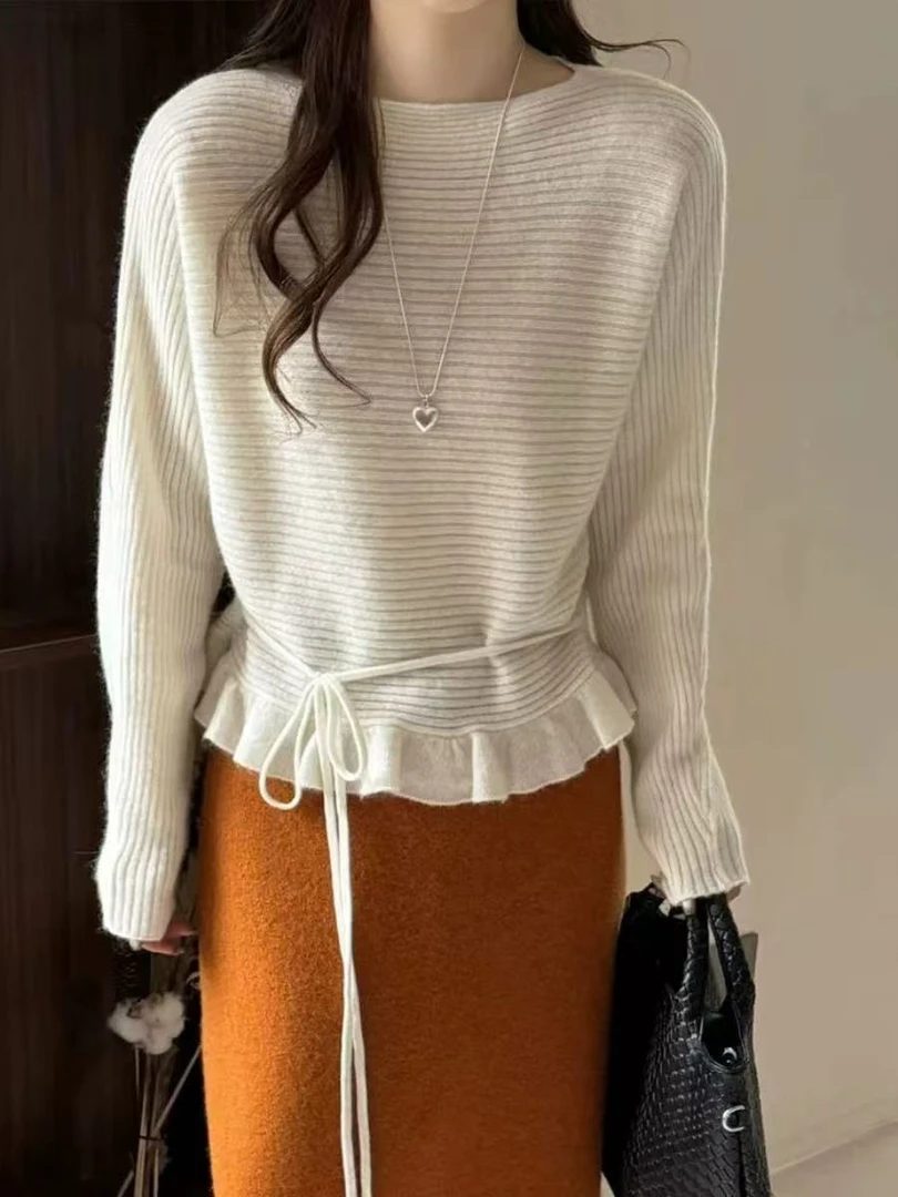 6335圆领时尚韩系花边抽绳收腰毛针织衫