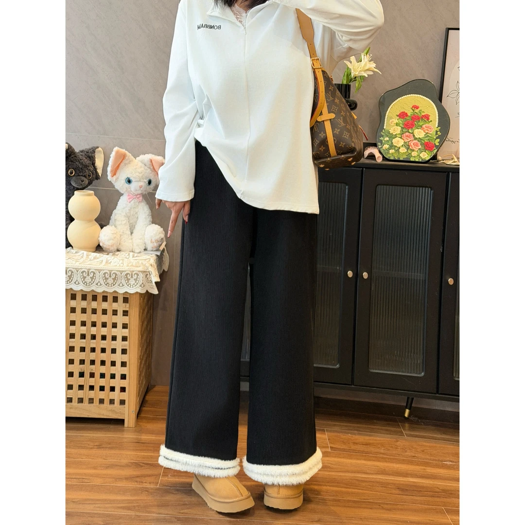 花契“落雪松针”大码女装冬季宽松200斤胖mm加绒花边休闲裤4381-H