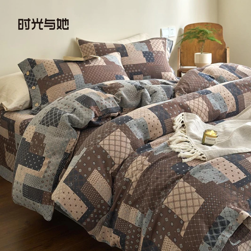 全棉色织双层纱四件套床单款拼布中式田园风1.8m纯棉纯棉床上用品