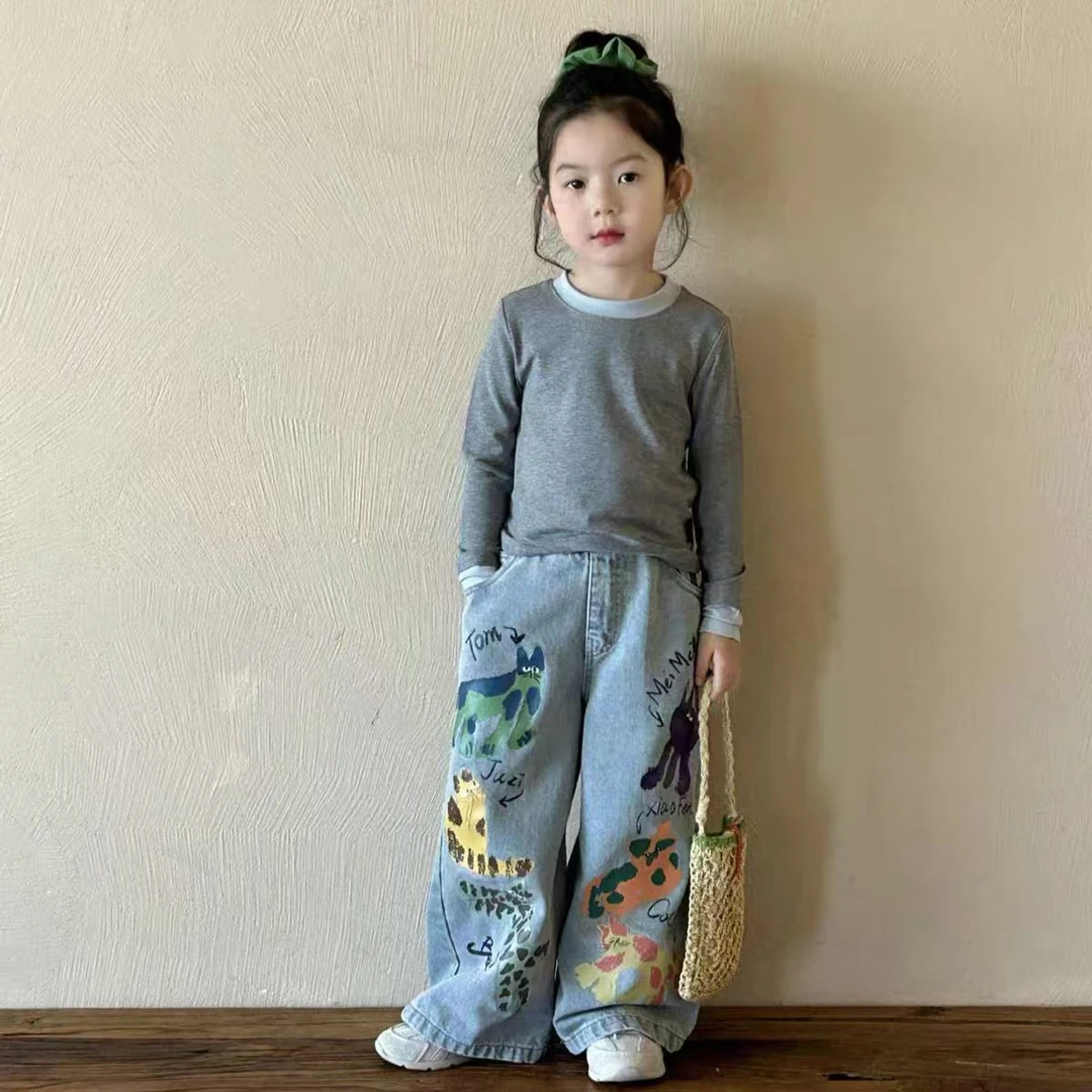 女童春装牛仔2025新款洋气儿童宽松牛仔裤宝宝春季阔腿卡通长裤