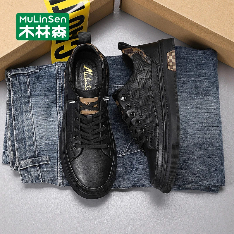 木林森板鞋男2025新款秋季一脚蹬休闲皮鞋黑色运动百搭软底潮鞋