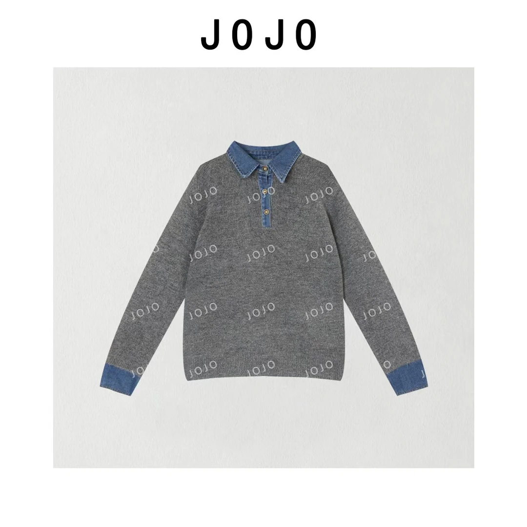 玖了个玖 2025秋季新款polo领牛仔拼接针织衫假两件上衣2510C6688