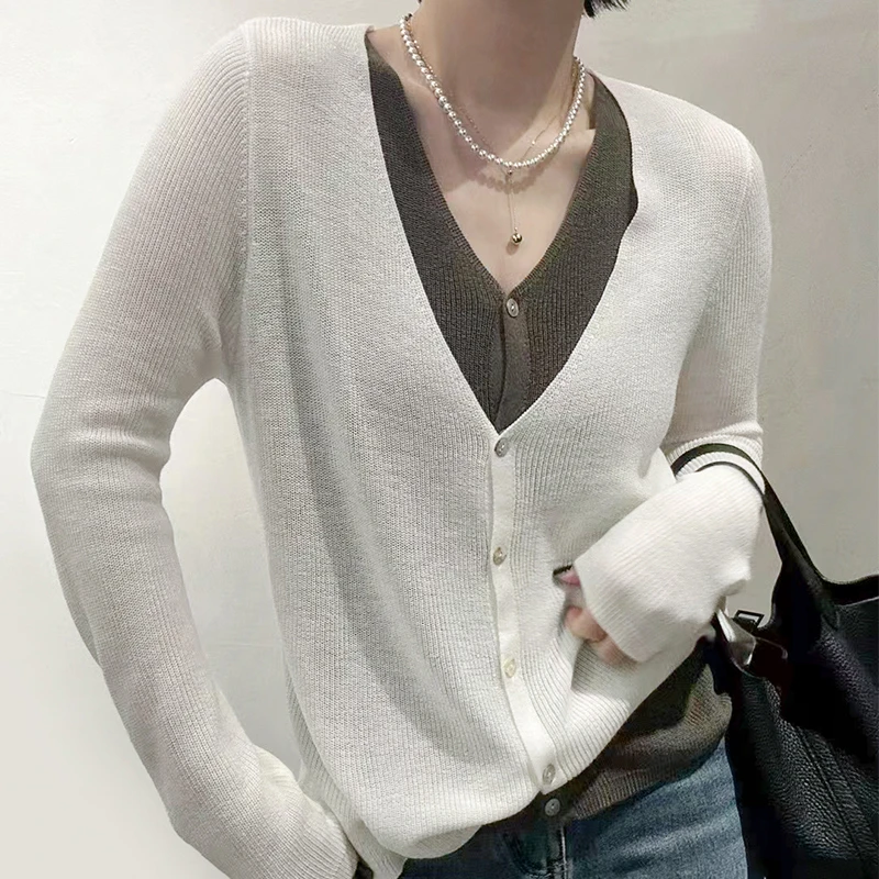 设计感拼接撞色假两件针织开衫女春夏季V领精纺羊毛外套防晒衫