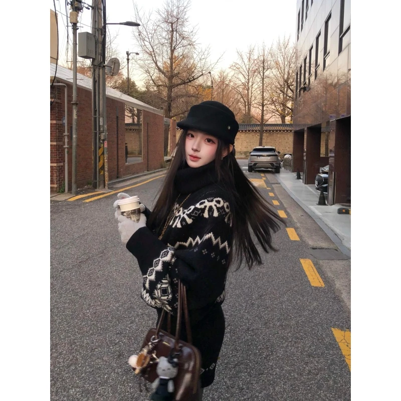 气质一整套ootd穿搭松弛感复古黑色费尔岛毛衣短裤两件套装2025冬