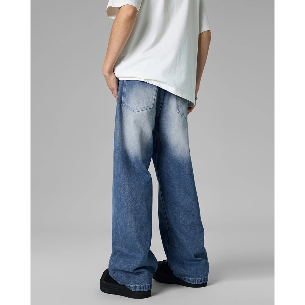 春季新款复古怀旧阔腿裤水洗磨白宽松大直筒牛仔裤男