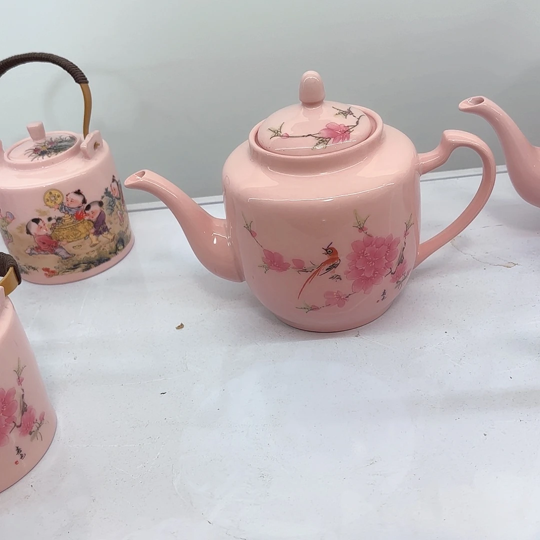 壶陶瓷水点桃花两斤侧把壶红稀稀