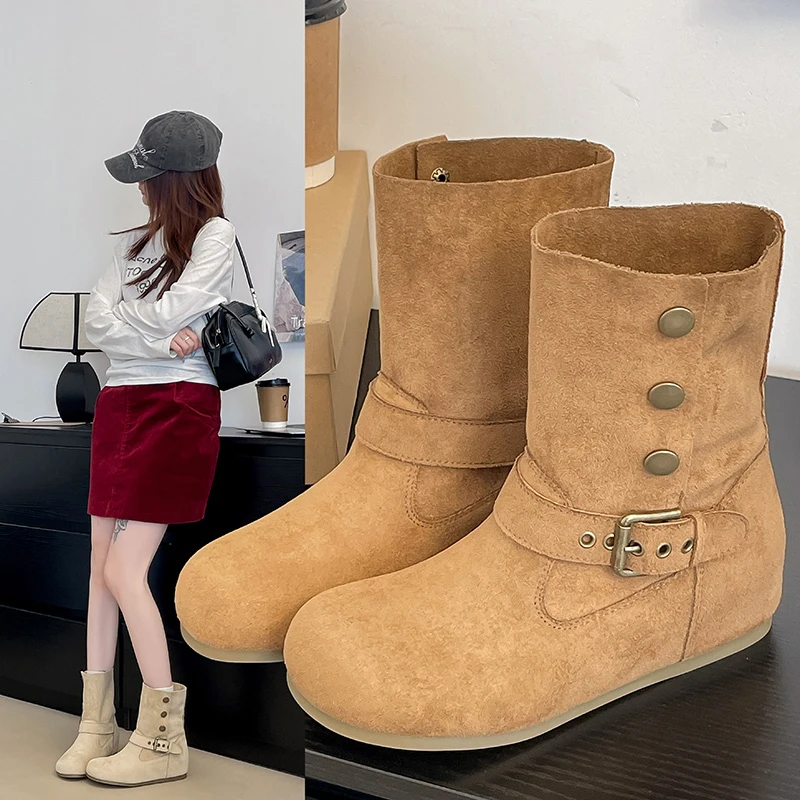 内增高5cm~瘦瘦靴厚底时装靴马丁靴2025平底韩版粗跟短靴中筒靴