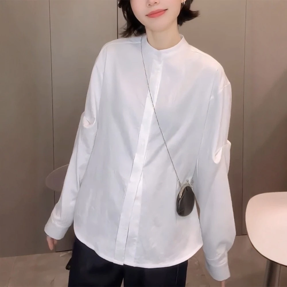 韩系洋气别致宽松大码年春夏季新款白色立领遮肉长袖百搭衬衫