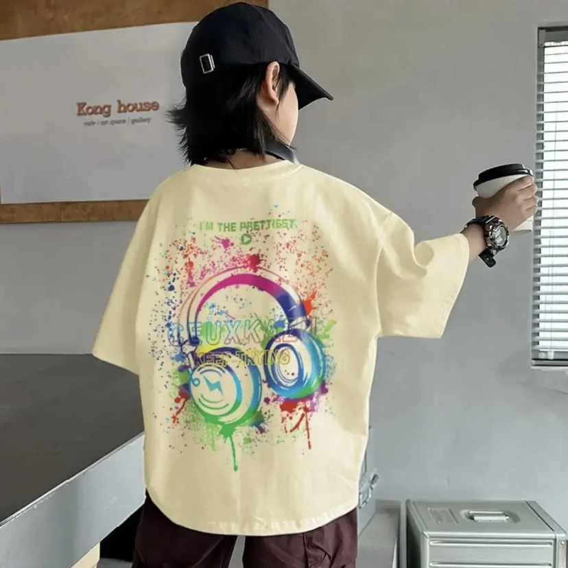 男童短袖T恤夏季上衣中大童宽松帅气潮流童装2025新款短袖简约潮.