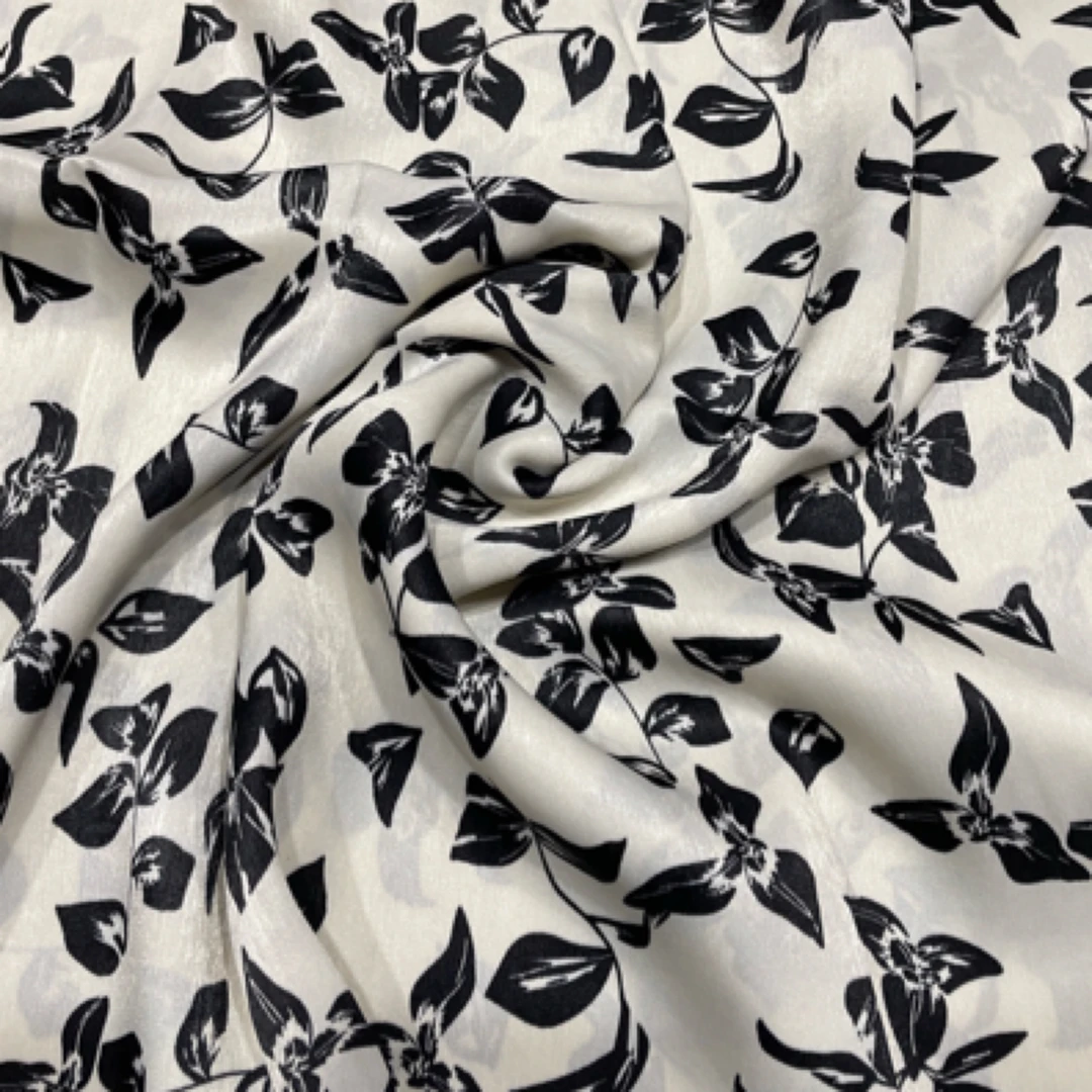 高品质蚕丝醋酸印花面料 黑叶