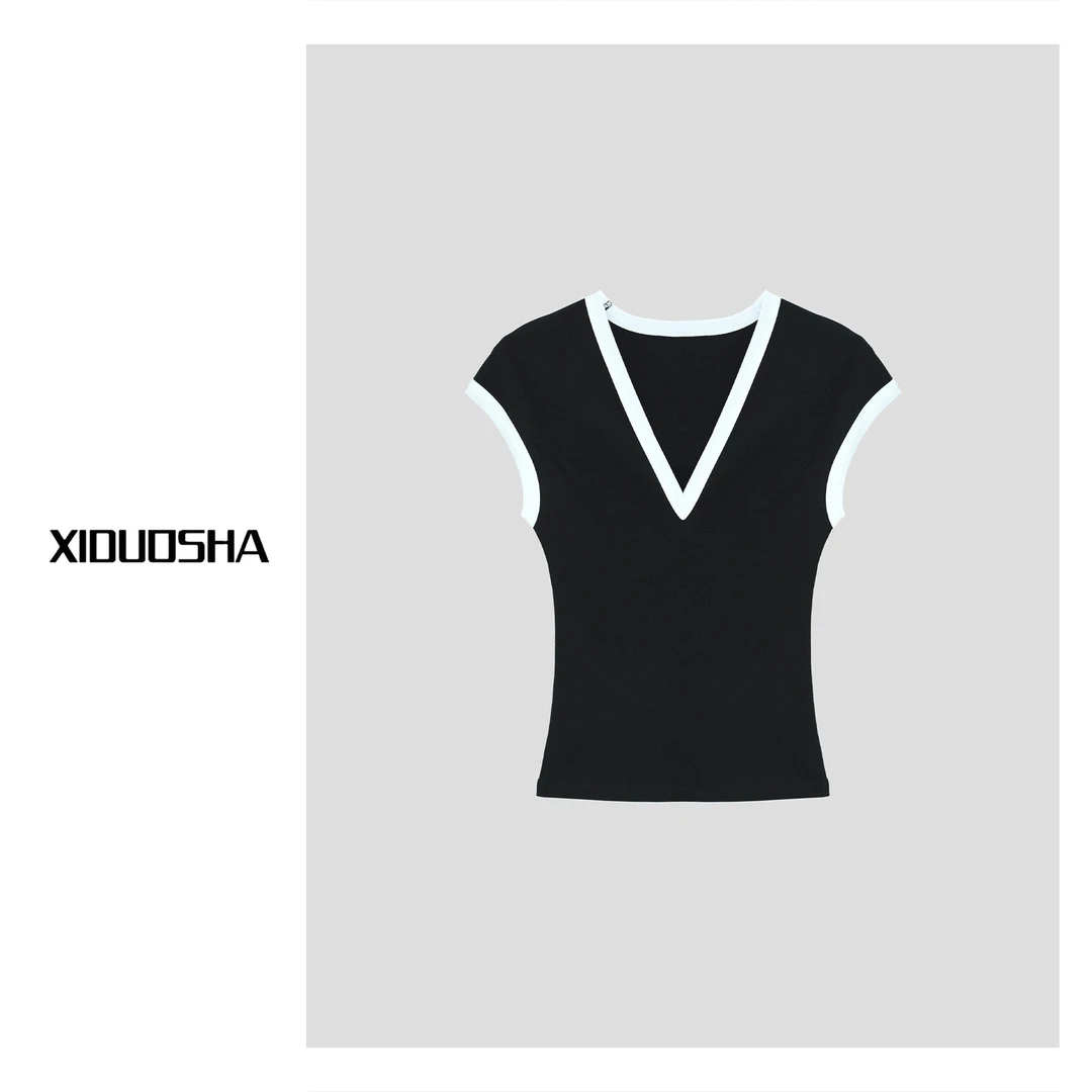 XIDUOSHA/喜朵莎夏款新品V领撞色T恤衫 XDS1416