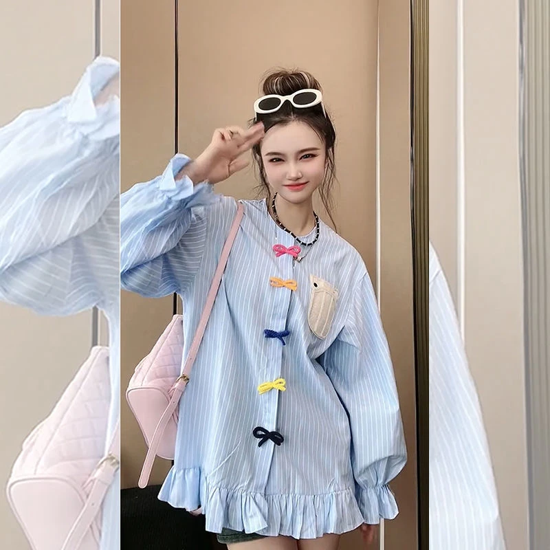 【设计师款专柜】木耳边蓝色条纹衬衫女秋季高级感宽松中长款衬衣