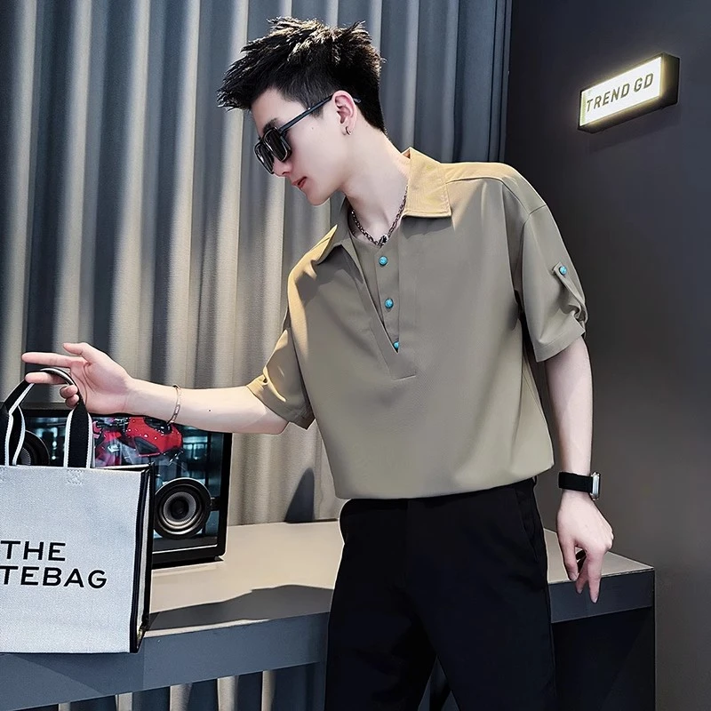 假两件衬衫领POLO衫男士短袖夏季冰丝2025新款痞帅七分袖T恤男款
