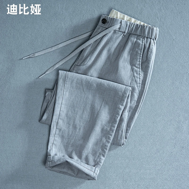 日系宽松直筒苎麻休闲裤男夏季薄款透气棉麻长裤大码抽绳亚麻裤T