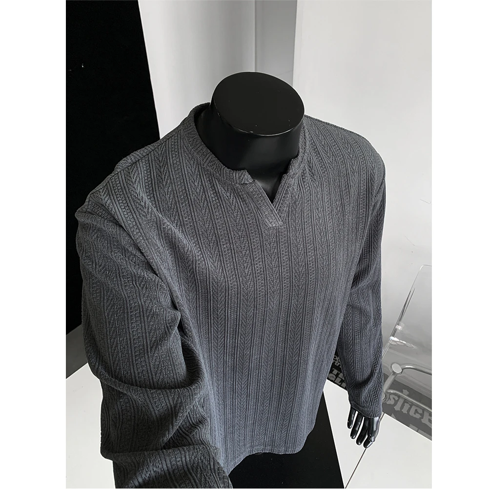 麦穗纹提花v领重磅长袖t恤卫衣男款春秋日系复古潮牌痞帅宽松上衣