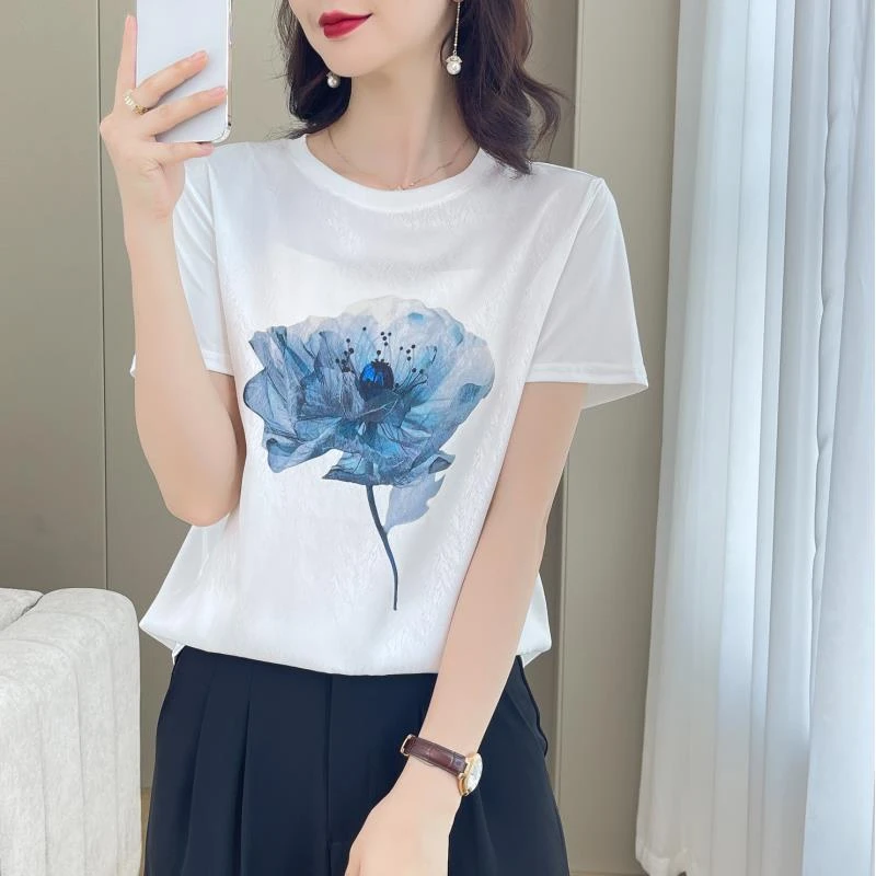 1401夏季丝滑缎面冰凉感女半袖T恤洋气AB拼接短袖
