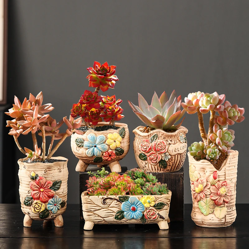 多肉花盆手绘粗陶透气大小口径高桩陶瓷复古植物套装组合创意清仓