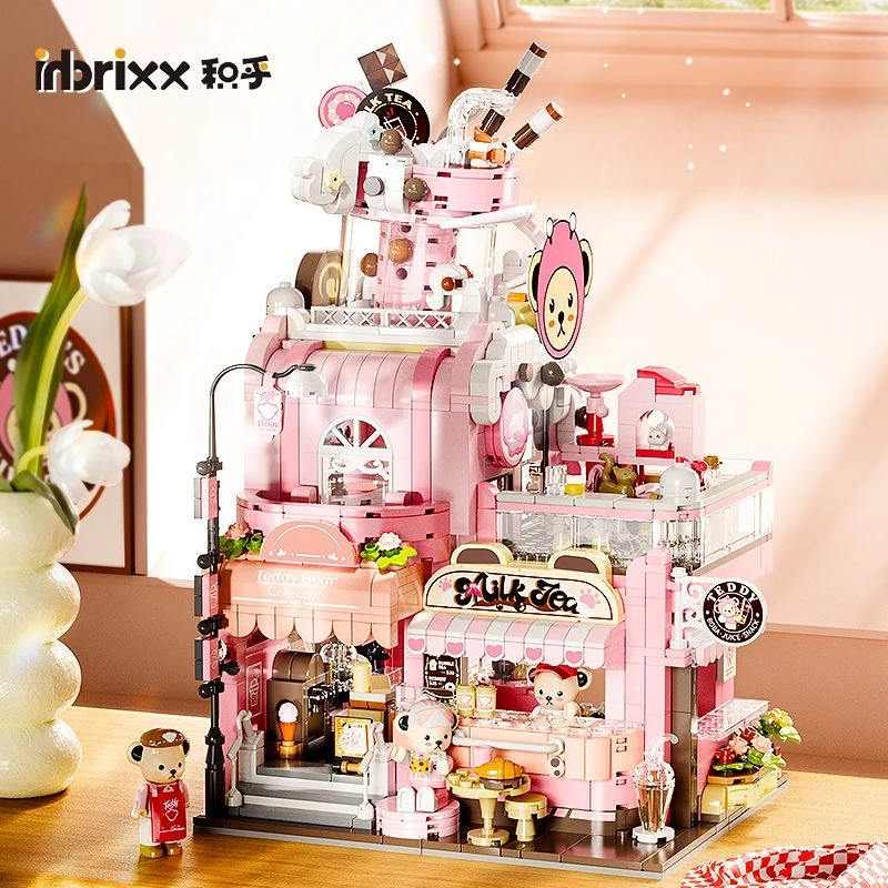 inbrixx积乎正版泰迪熊珍藏元气奶茶店潮玩创意街景益智拼装积木