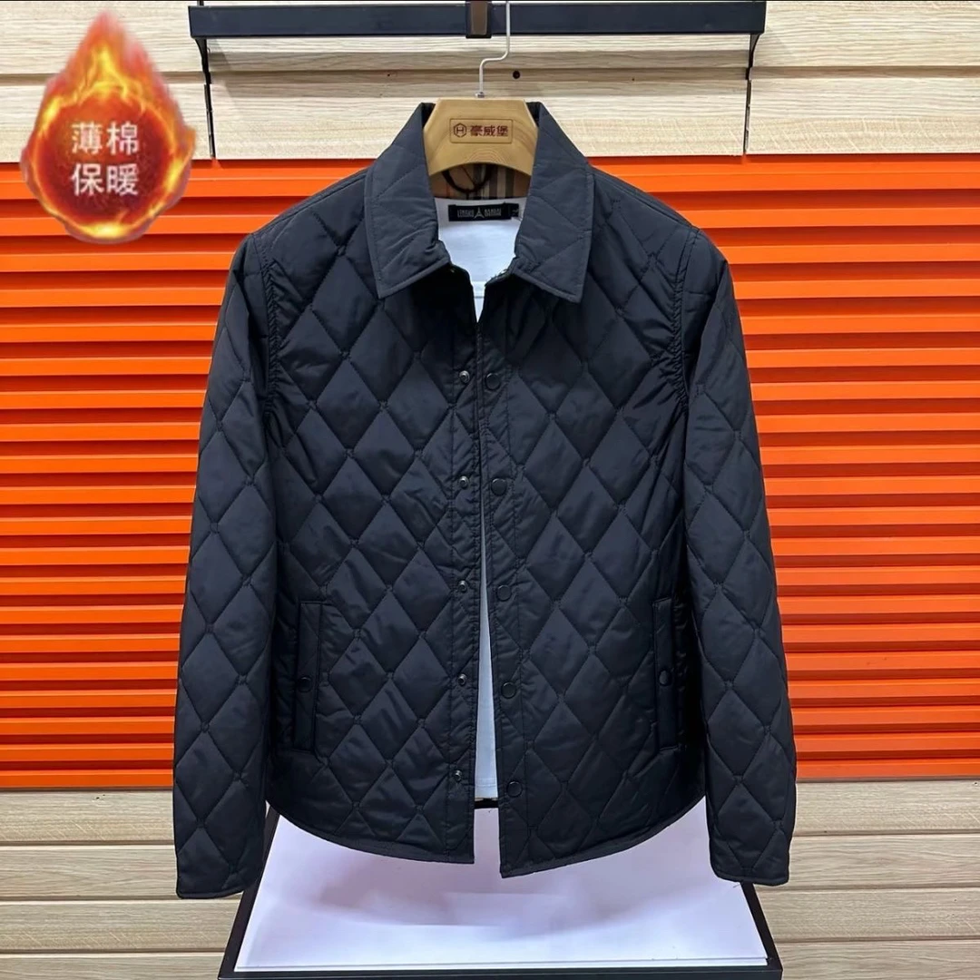新款男士轻薄秋冬翻领棉服潮流棉衣菱形外套保暖商务休闲修身棉袄