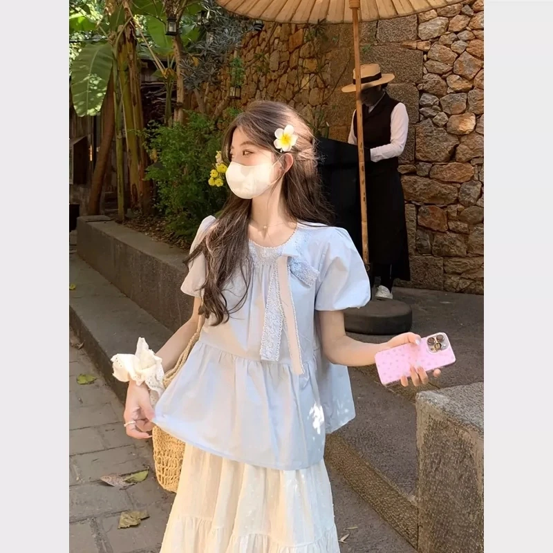 2025夏季新款蝴蝶结蕾丝圆领泡泡袖短袖衬衫减龄宽松娃娃衫上衣YL