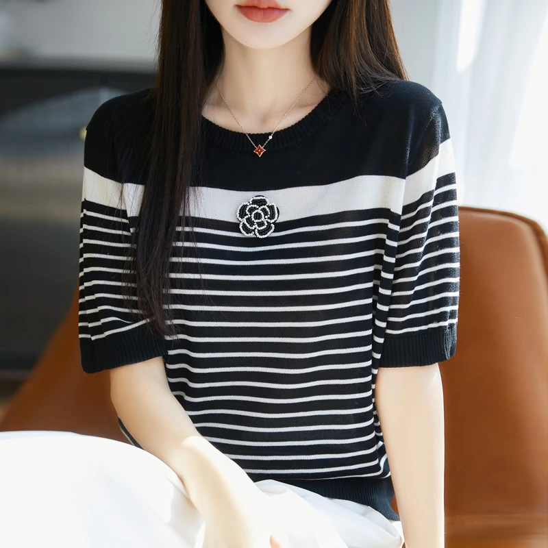 圆领莱赛尔天丝针织山茶花T桖女春夏新款撞色条纹设计感短袖上衣