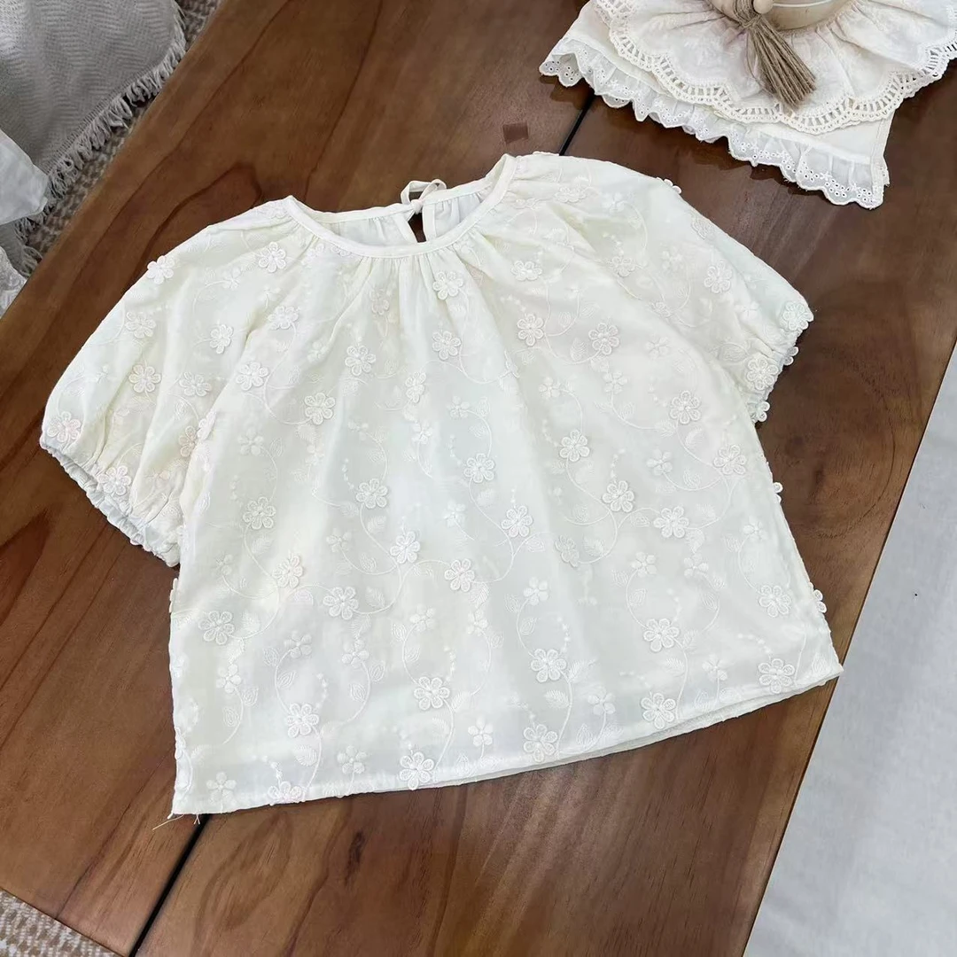 女童娃娃衫2025夏新款儿童立体提花儿童圆领薄款短袖衬衫 hz92005