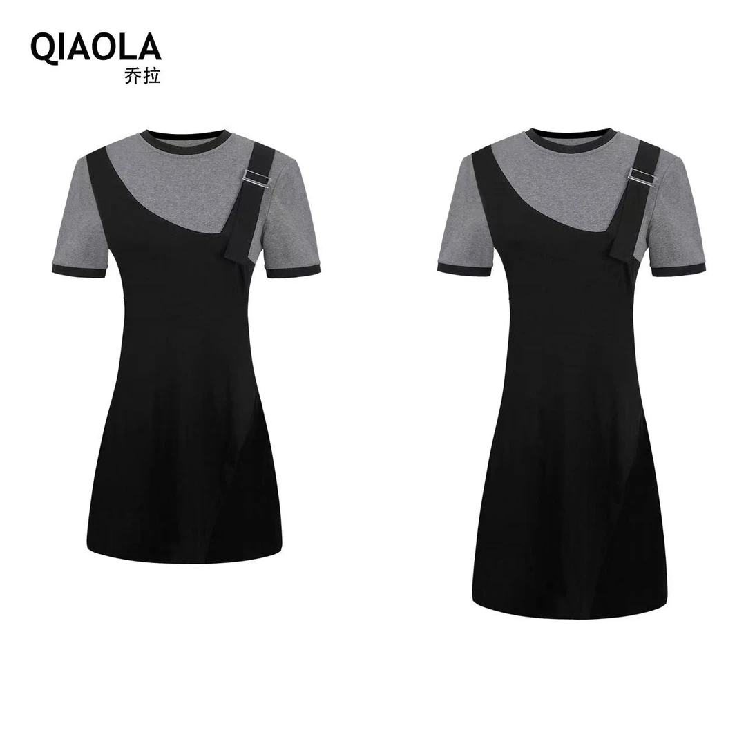 QIAOLA/乔拉【郊游手册】夏款弹力针织圆领假两件拼色休闲连衣裙