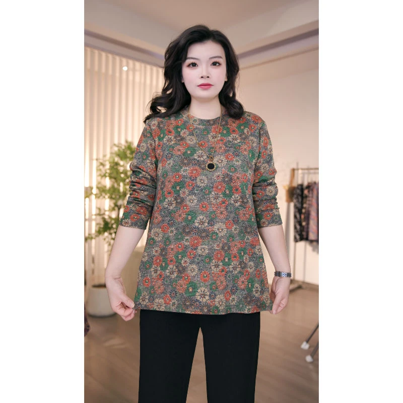 大码女装时尚复古秋冬季圆领套头中老年女装长袖T恤