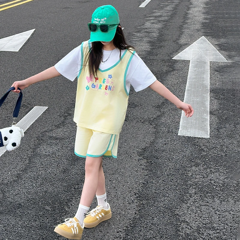 女童时尚假两件短袖套装夏装2025新款洋气中大童多巴胺女孩T恤潮7