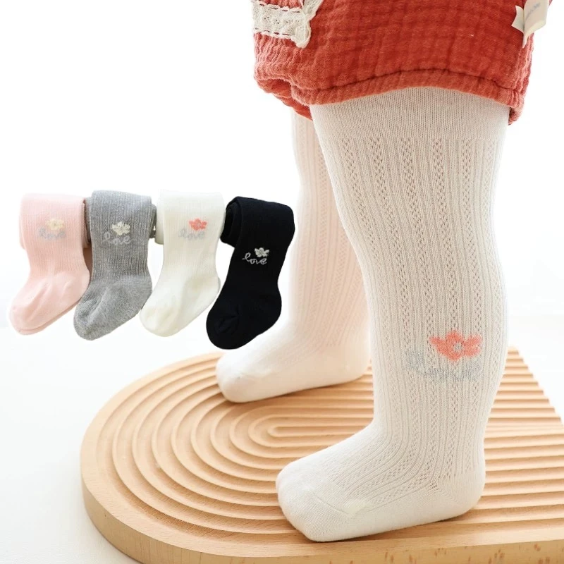 JD777春夏女童打底裤刺绣款网眼花朵款精梳棉小童洋气外穿儿童袜