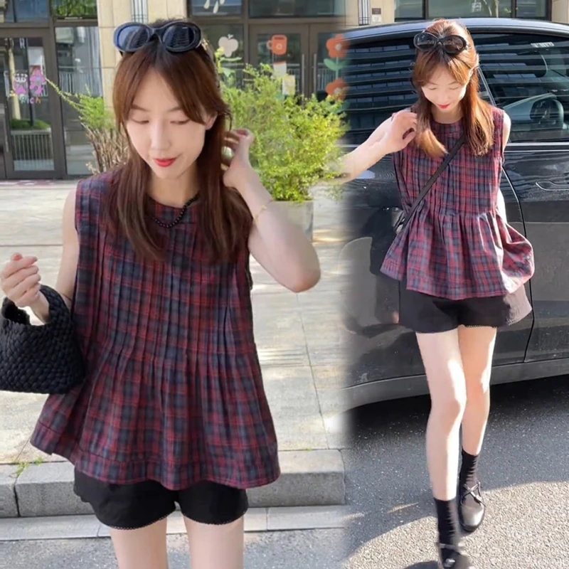 韩系甜美减龄一整套穿搭女夏季新款无袖洋气格子衬衫阔腿短裤套装