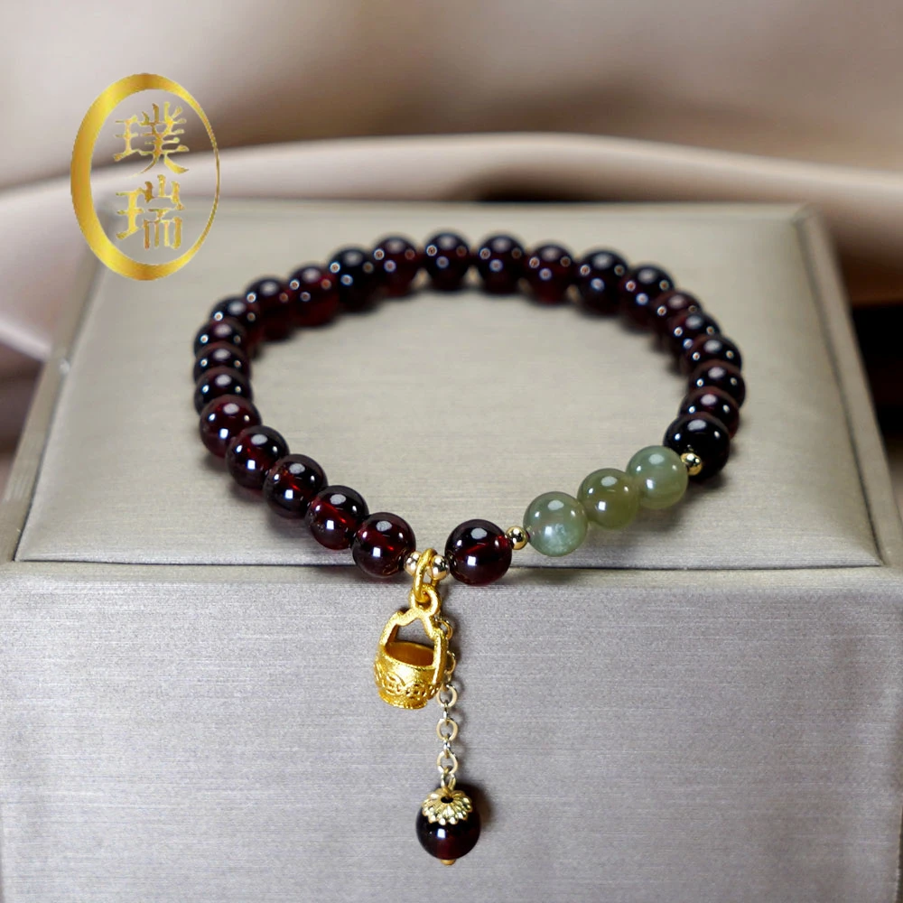 天然石榴石配和田玉隔珠一桶金吊坠流苏手链 多样性发一 SL480