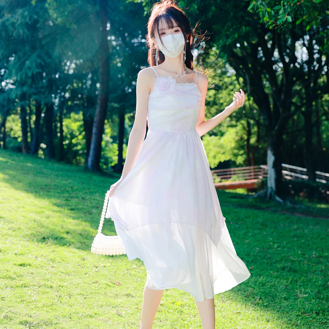 花崎鹿原创紫色吊带长裙甜桃香氛甜美仙女裙气质连衣裙度假约会