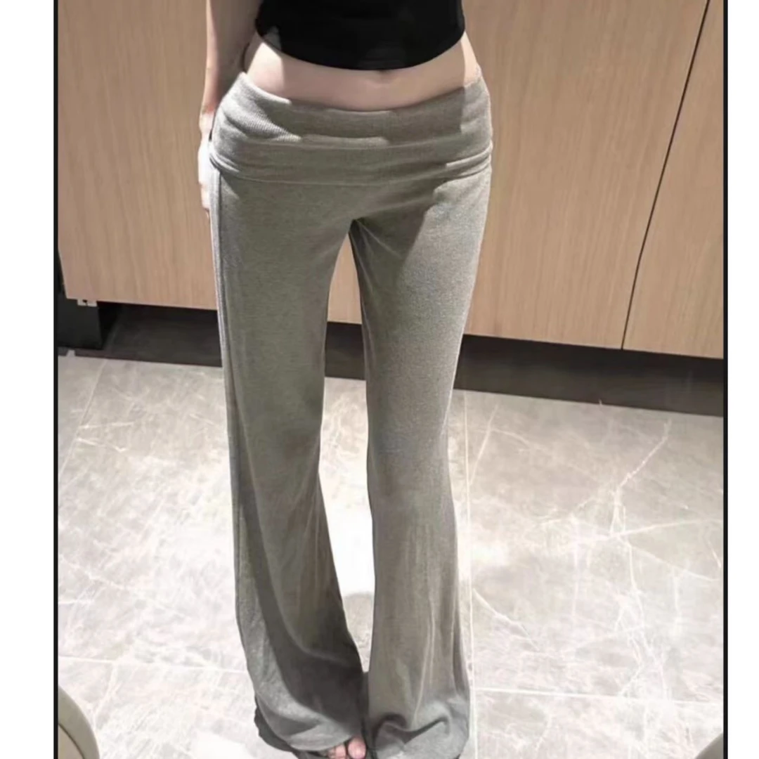 曼曼【翻边垂垂裤】翻边腰弹力显瘦休闲螺纹针织微喇叭裤