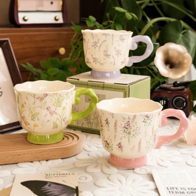 复古繁花花卉陶瓷高脚马克杯下午茶咖啡杯生日礼物送女生专用TT