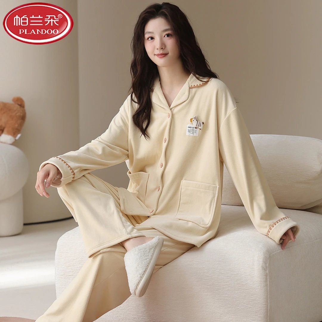 帕兰朵新款海岛绒睡衣女秋冬季加绒加厚高级感女可外穿家居服套装