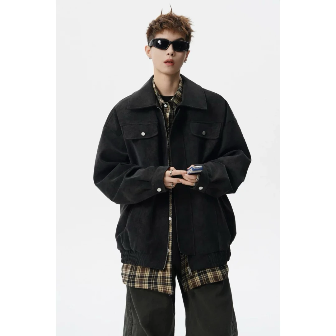 高街痞帅休闲皮夹克男秋美式宽松设计感工装外套潮牌百搭翻领皮衣