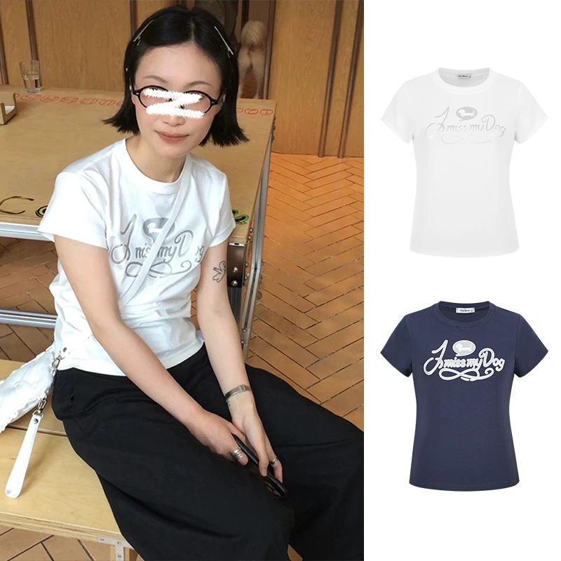 Moses Queen/魔西女王时髦凉感烫银印花正肩上衣修身套头短袖T恤