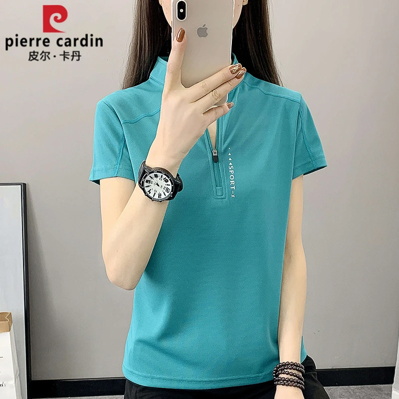 皮尔卡丹跑步速干衣女短袖2025新款夏季立领大码户外运动t恤上衣