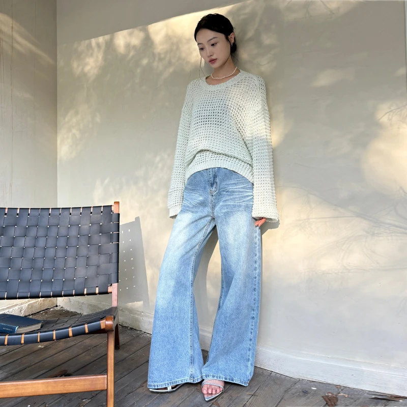 欧美风2024年薄款新款复古阔腿破洞女宽松高腰显瘦拖地直筒裤子