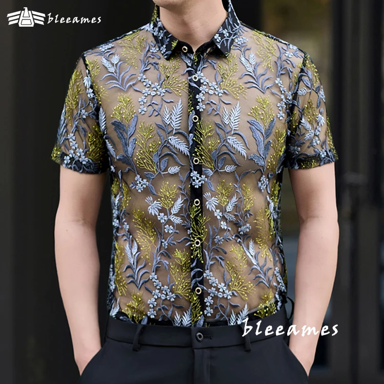 bleeames香港轻奢高端男士短袖衬衫夏季印花镂空时尚潮流休闲衬衣