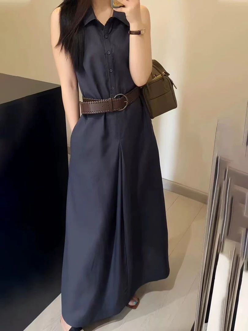 法式气质无袖工装衬衫裙女夏季收腰显瘦长裙
