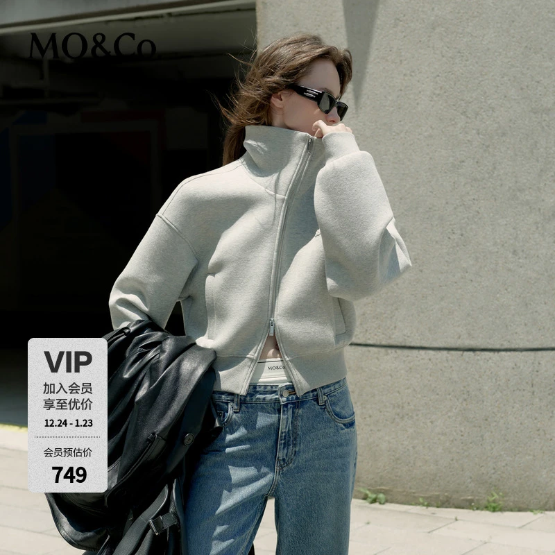 MOCO秋季双开头拉链高领落肩廓形短款夹克MBD3JKTK01