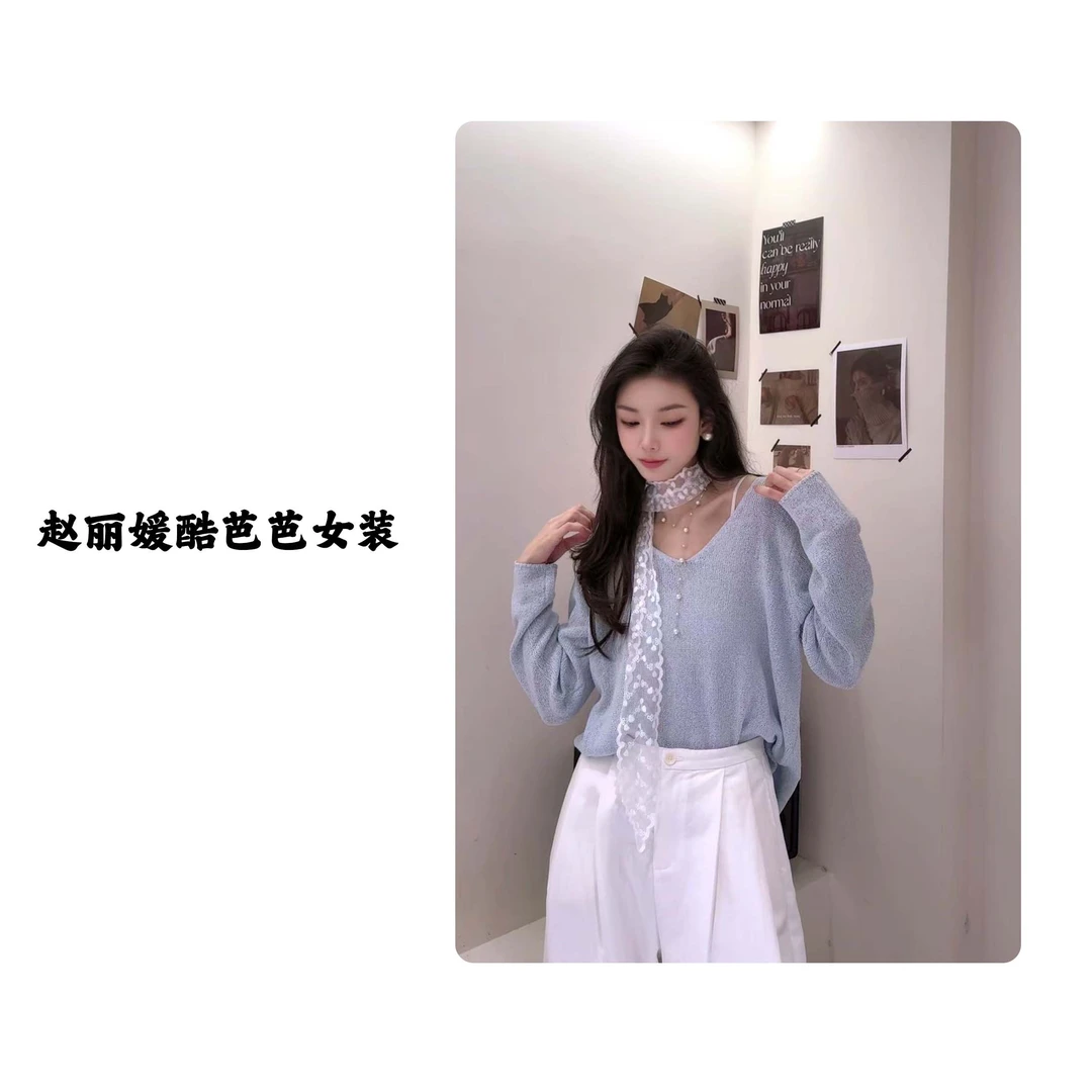 韩系简约风百搭纯色圆领设计针织衫女士春季显瘦长袖上衣（配飘带）