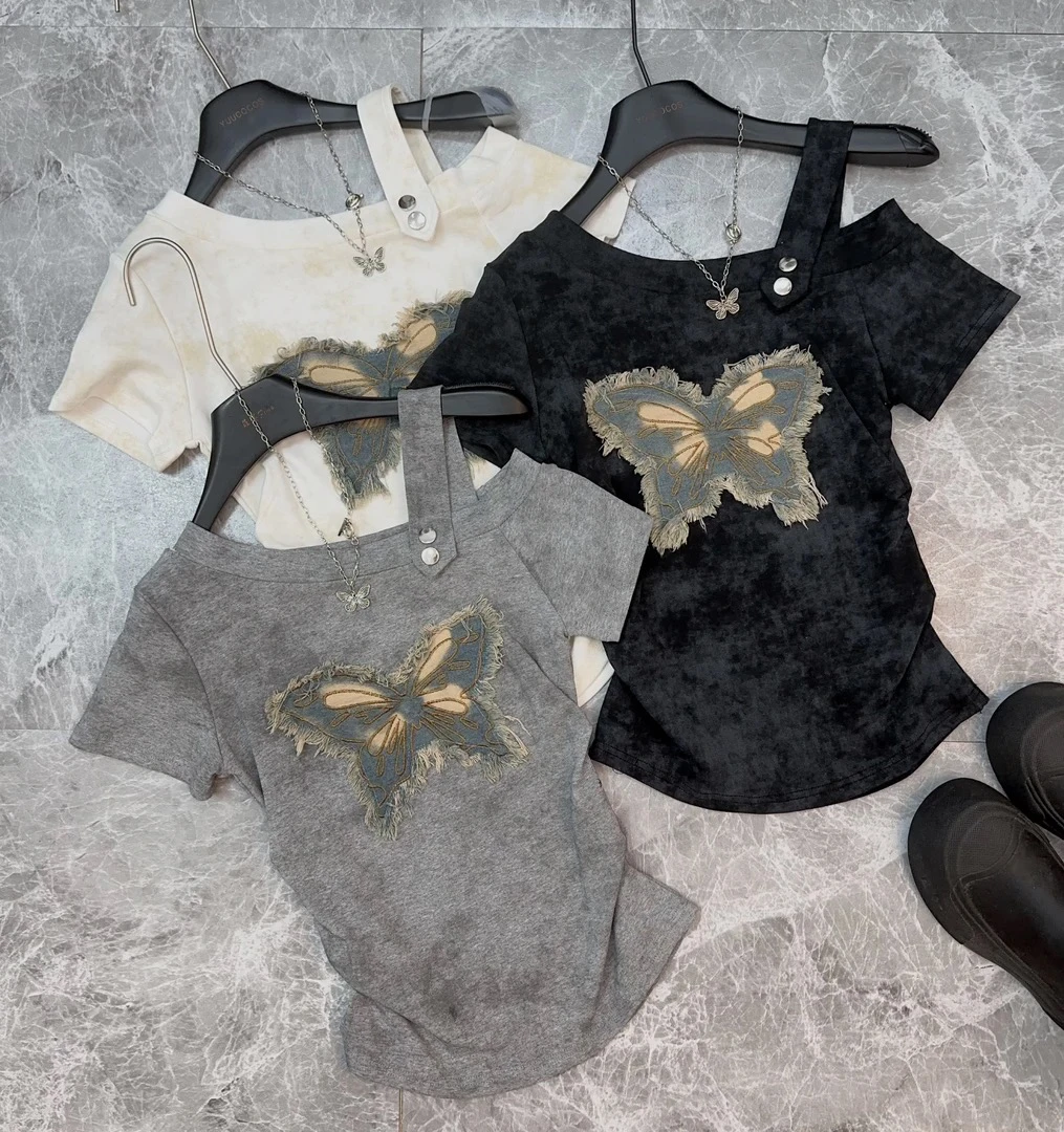 夏季新款蝴蝶贴布露肩短袖T恤女时尚辣妹斜肩重工体恤上衣