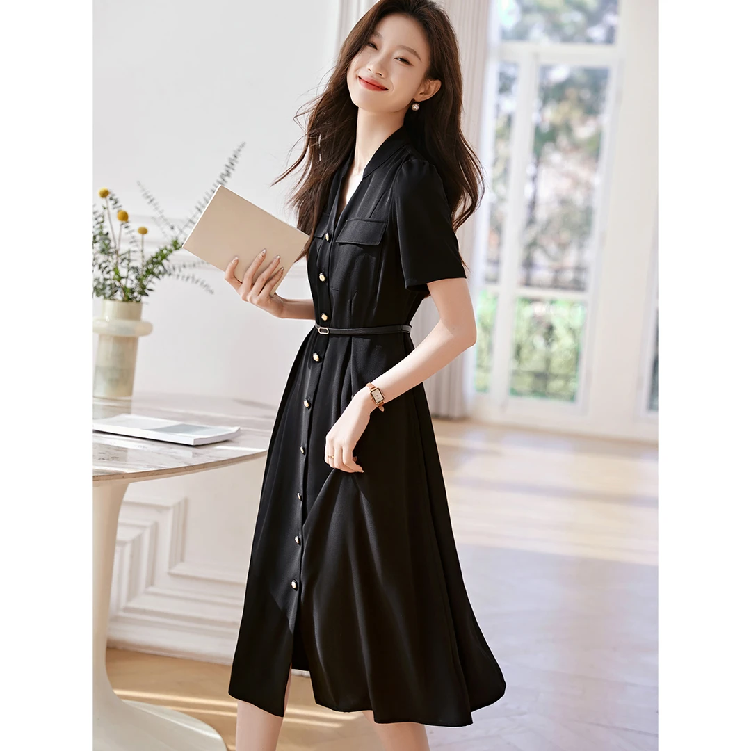 沫晗依美2025夏女法式黑色衬衫优雅气质显瘦中长款连衣裙女04902